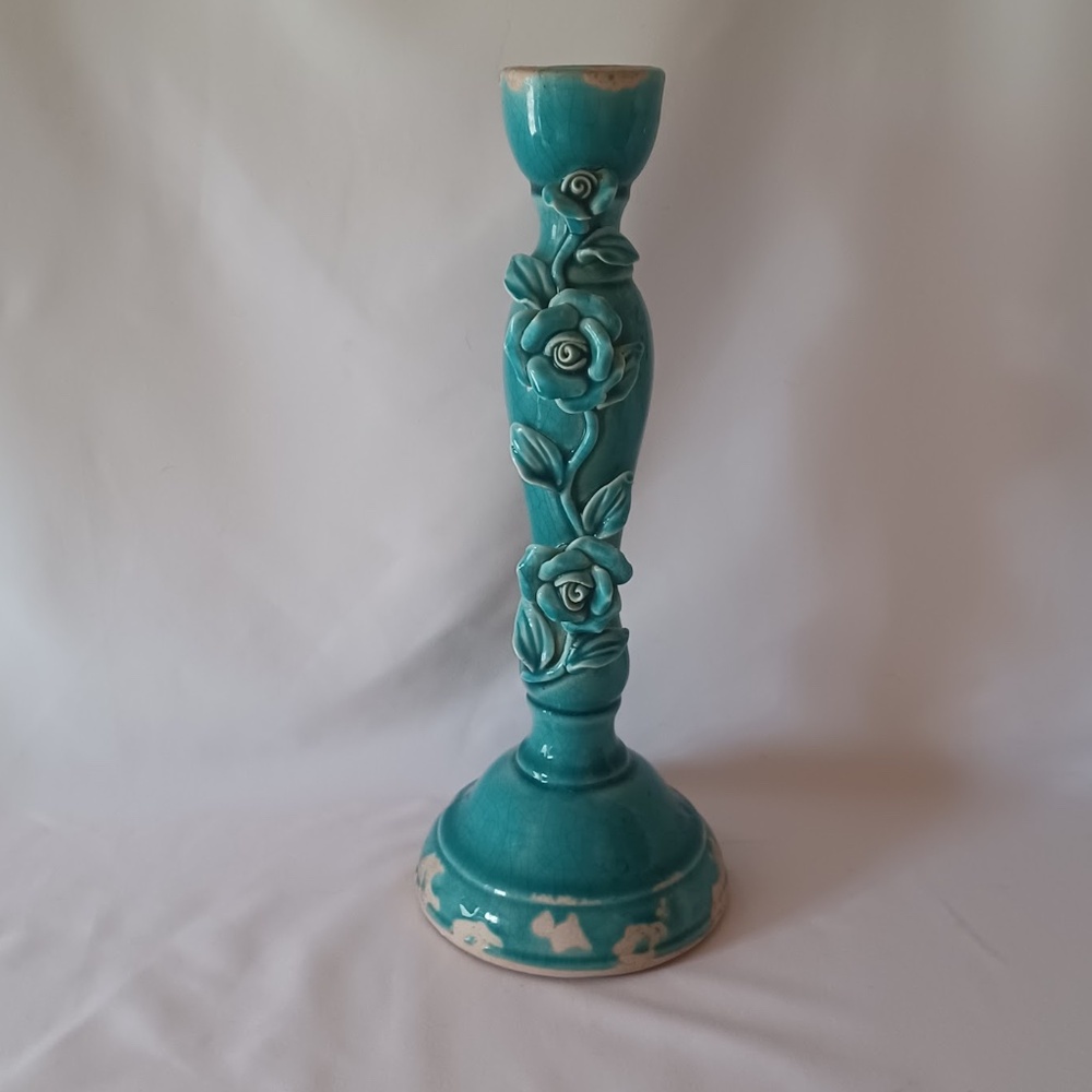 Vintage MCM Turquoise Ceramic Candlestick 13” – Raised Roses